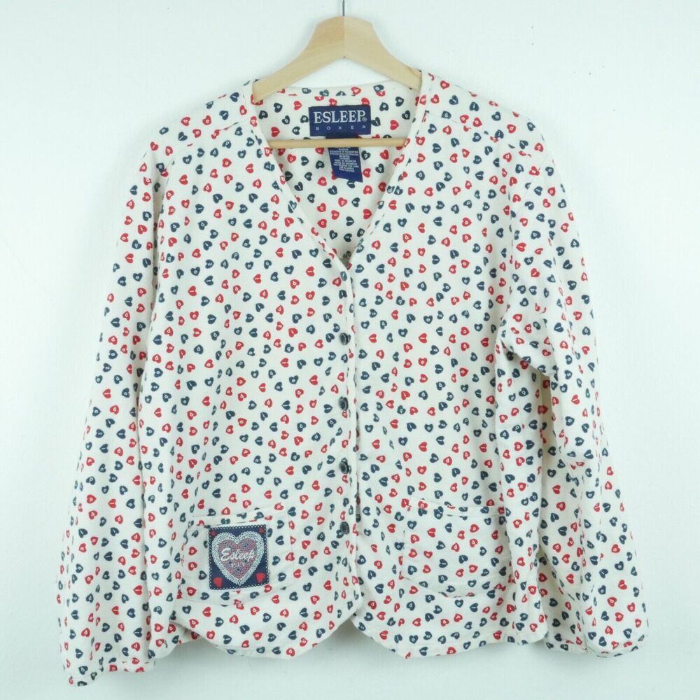 Vintage Medium Pajama Shirt Flannel 90s‎ Hearts Cozy Novelty Boho Cabincore
